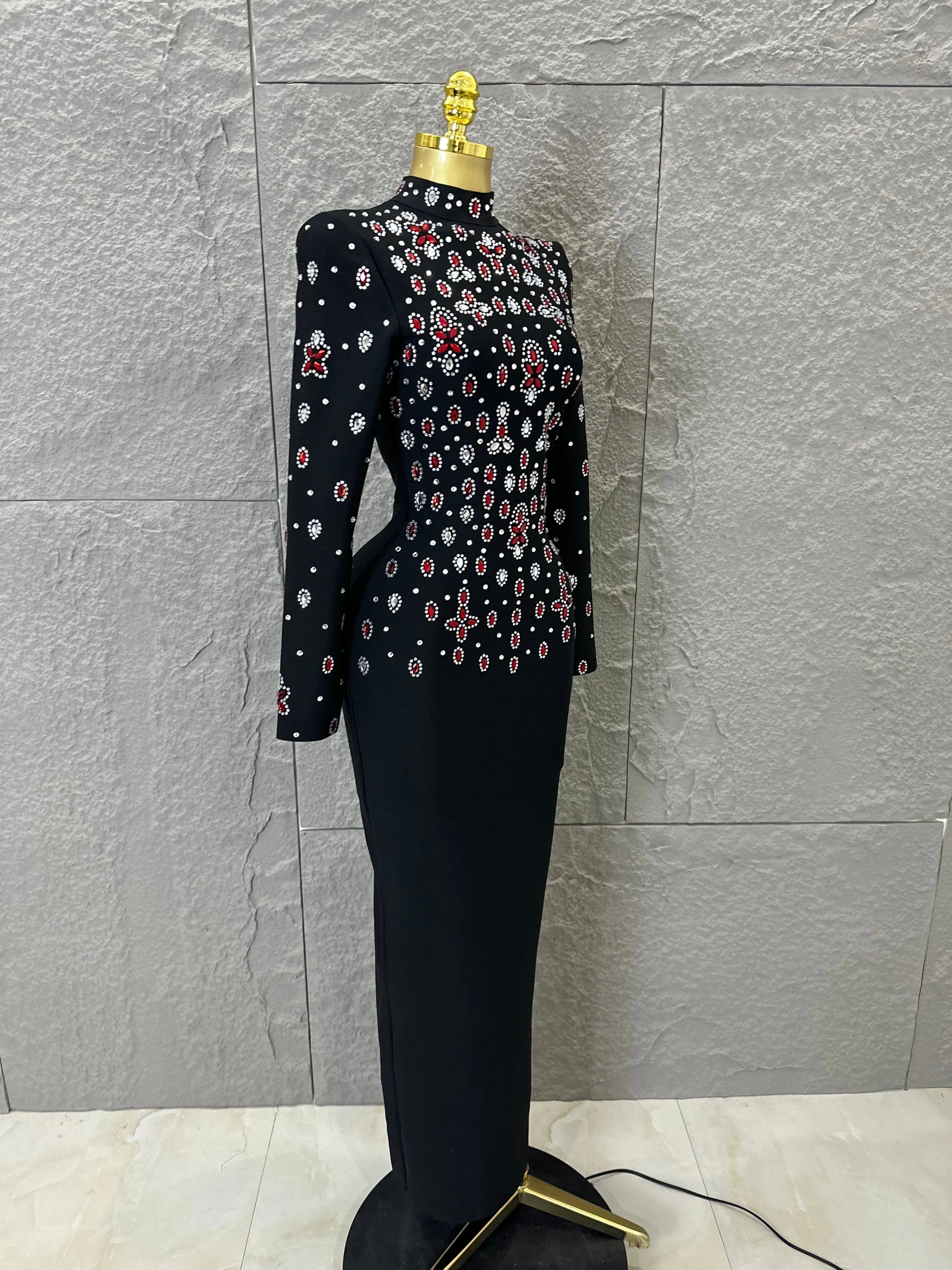 Women Sexy Long Sleeve Crysta  Red Rhinestone Embellished Bodycon Outfit Formal Event Party Elegant Black High Neck Maxi Dress