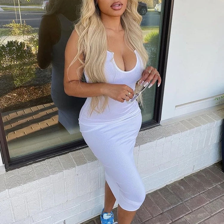 Sifreyr Ribbed V Neck Tank Long Dress Women Solid Sleeveless Bodycon Maxi Dress Sexy Streetwear Party Club Outfits Slim Sundress