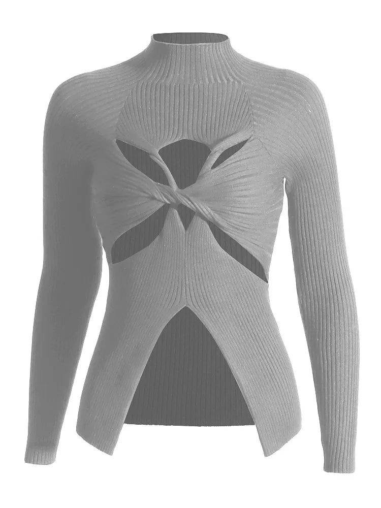 Slimming Crisscross Hollow Out Knitting Sweaters For Women Round Neck Long Sleeve Solid Casual Chic Sweater Female GRAY