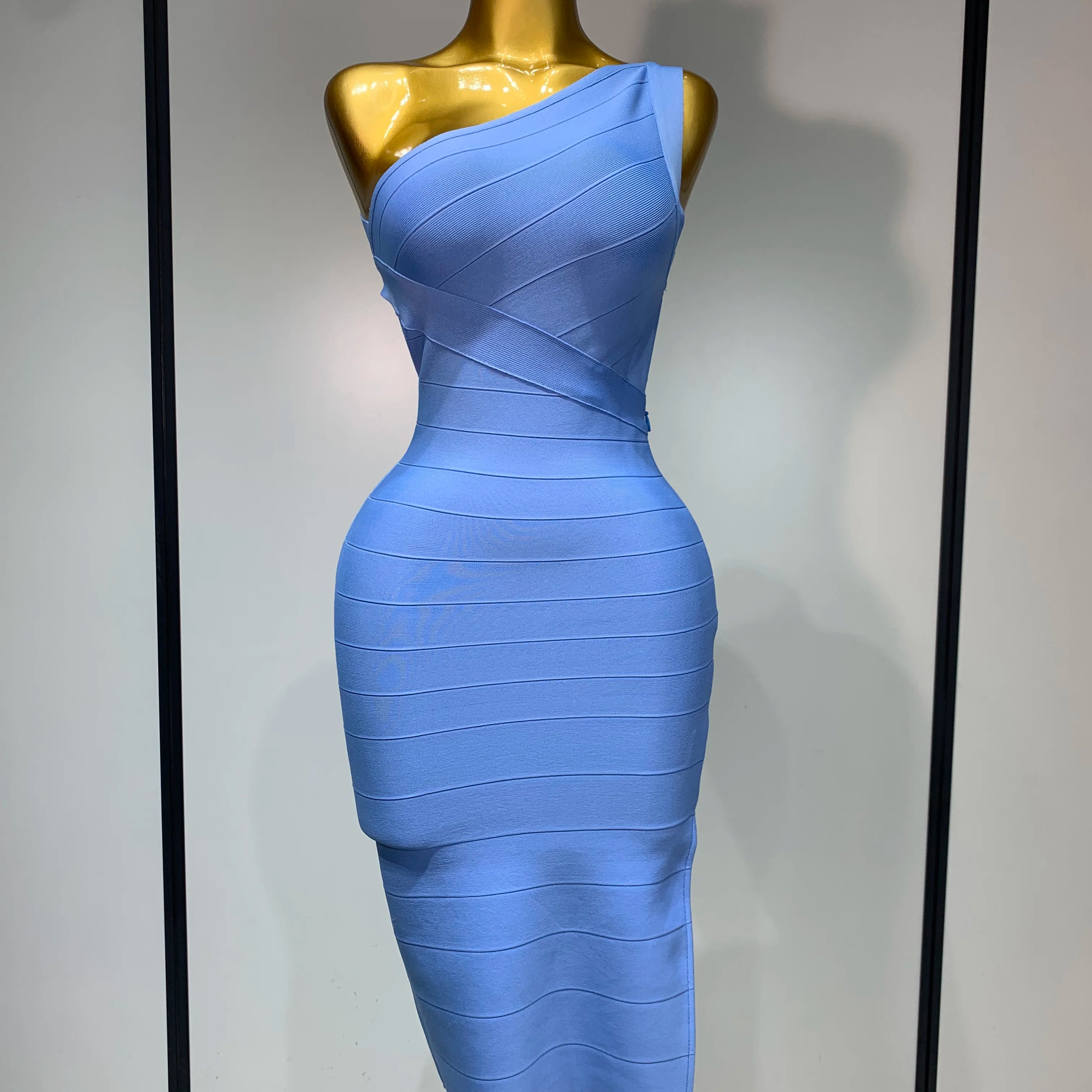 Women Bodycon Bandage Dress One Shoulder Sleeveless Sexy Backless Dress Cocktail Evening Party Vestidos Luxury Birthday Dresses SKY BLUE
