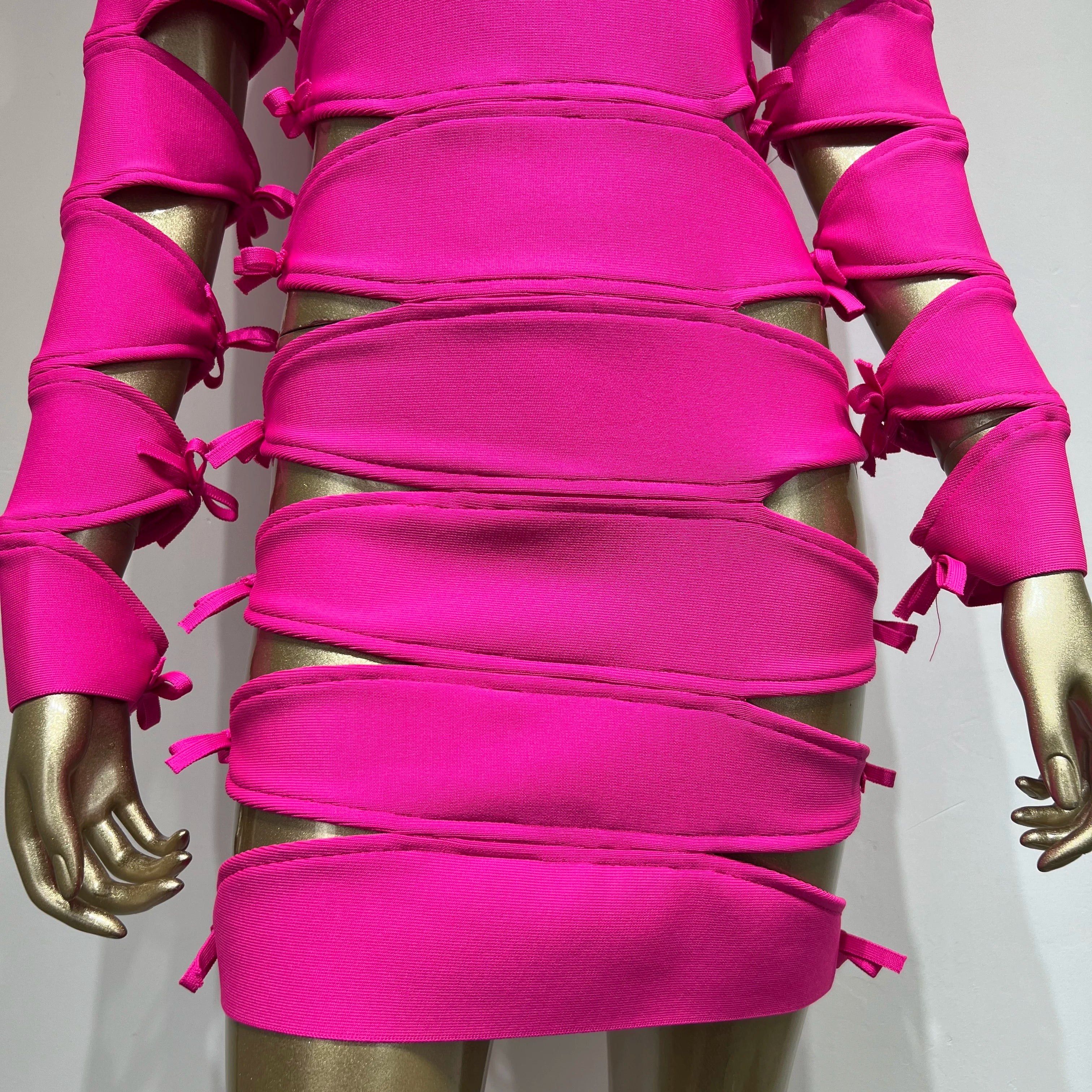 Autumn Fashion Women Sexy Long Sleeve Hollow Out Pink Bow Tie Mini Bandage Dress 2023 Elegant Evening Club Party Dress