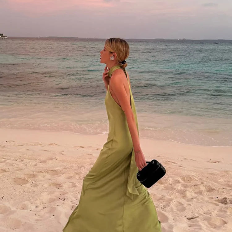 Elegant Green Satin Sleeveless Maxi Dress Chic Stand Neck Lace Up Backless Dresses New Female Summer Vacation Beach Vestido 2025