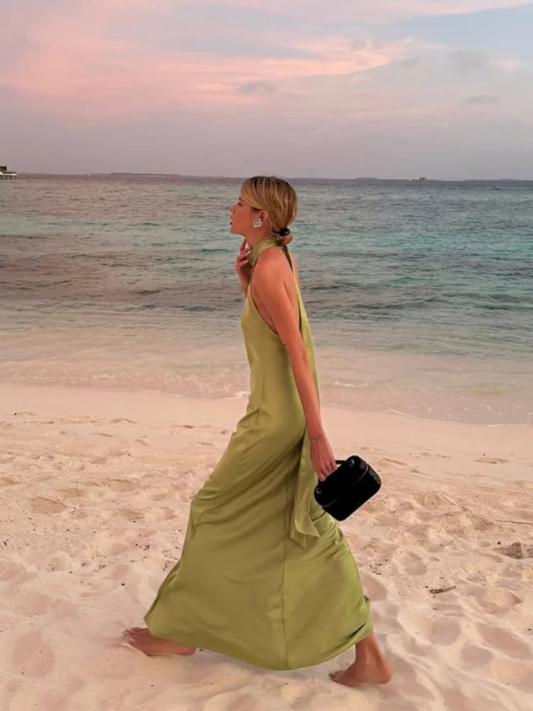 Elegant Green Satin Sleeveless Maxi Dress Chic Stand Neck Lace Up Backless Dresses New Female Summer Vacation Beach Vestido 2025