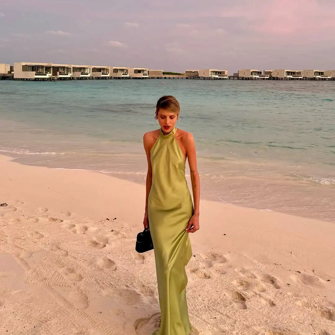 Elegant Green Satin Sleeveless Maxi Dress Chic Stand Neck Lace Up Backless Dresses New Female Summer Vacation Beach Vestido 2025 Green