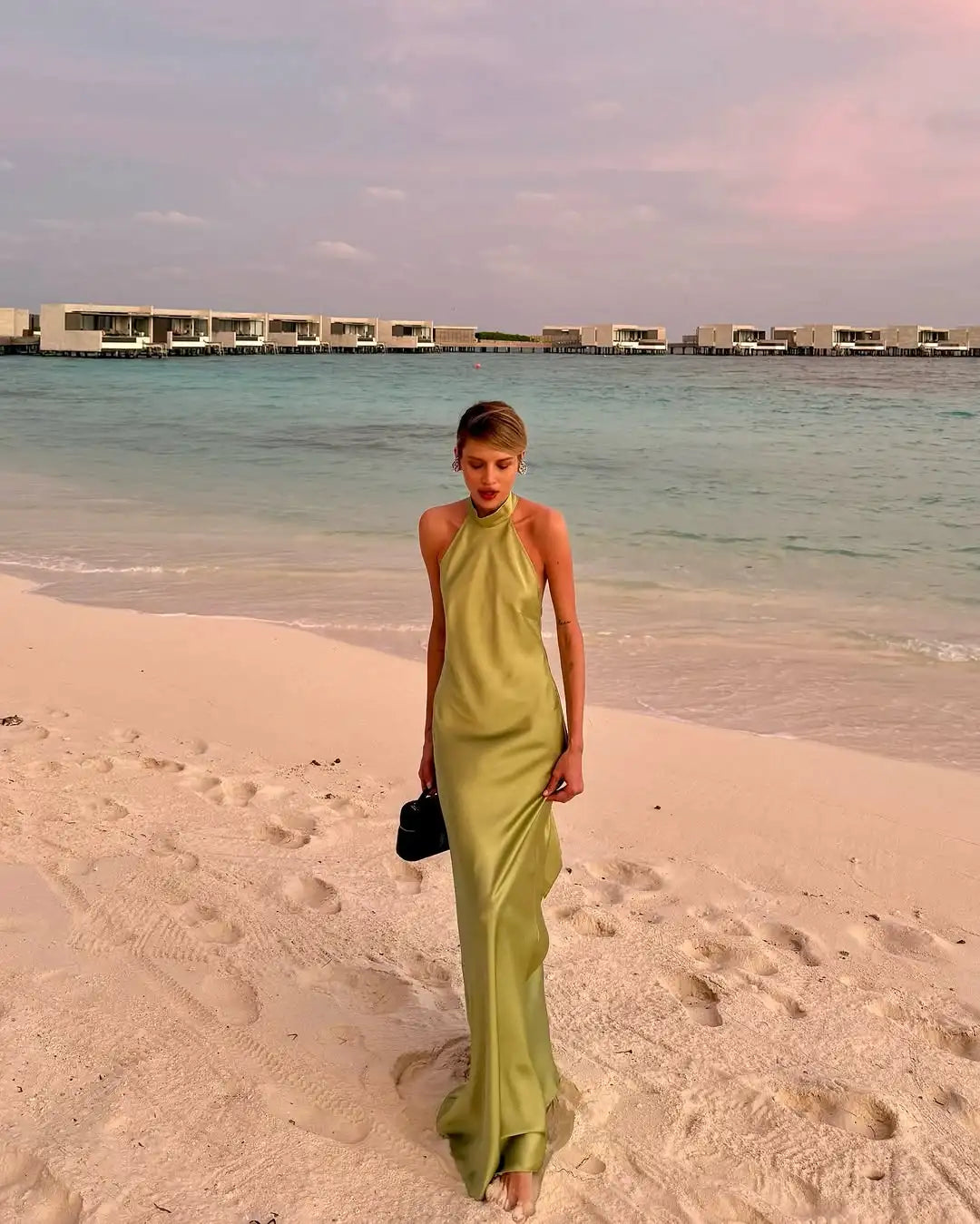 Elegant Green Satin Sleeveless Maxi Dress Chic Stand Neck Lace Up Backless Dresses New Female Summer Vacation Beach Vestido 2025 Green