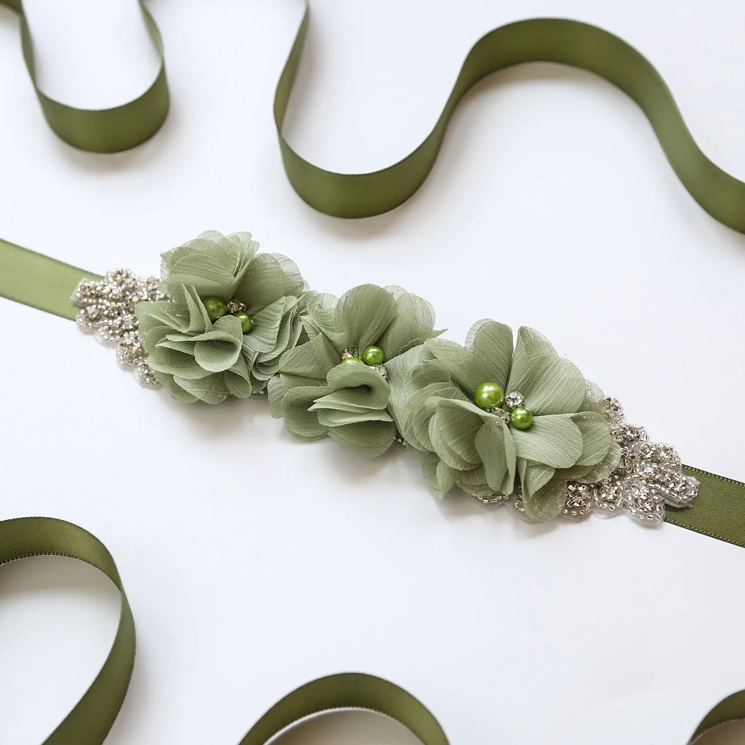 Wedding Accessories Bridal Belts Satin Flower Sash Woman Girl Belts Flower Bead Belts Floral Belt Wedding Rhinestone Flower Belt 2-Olive