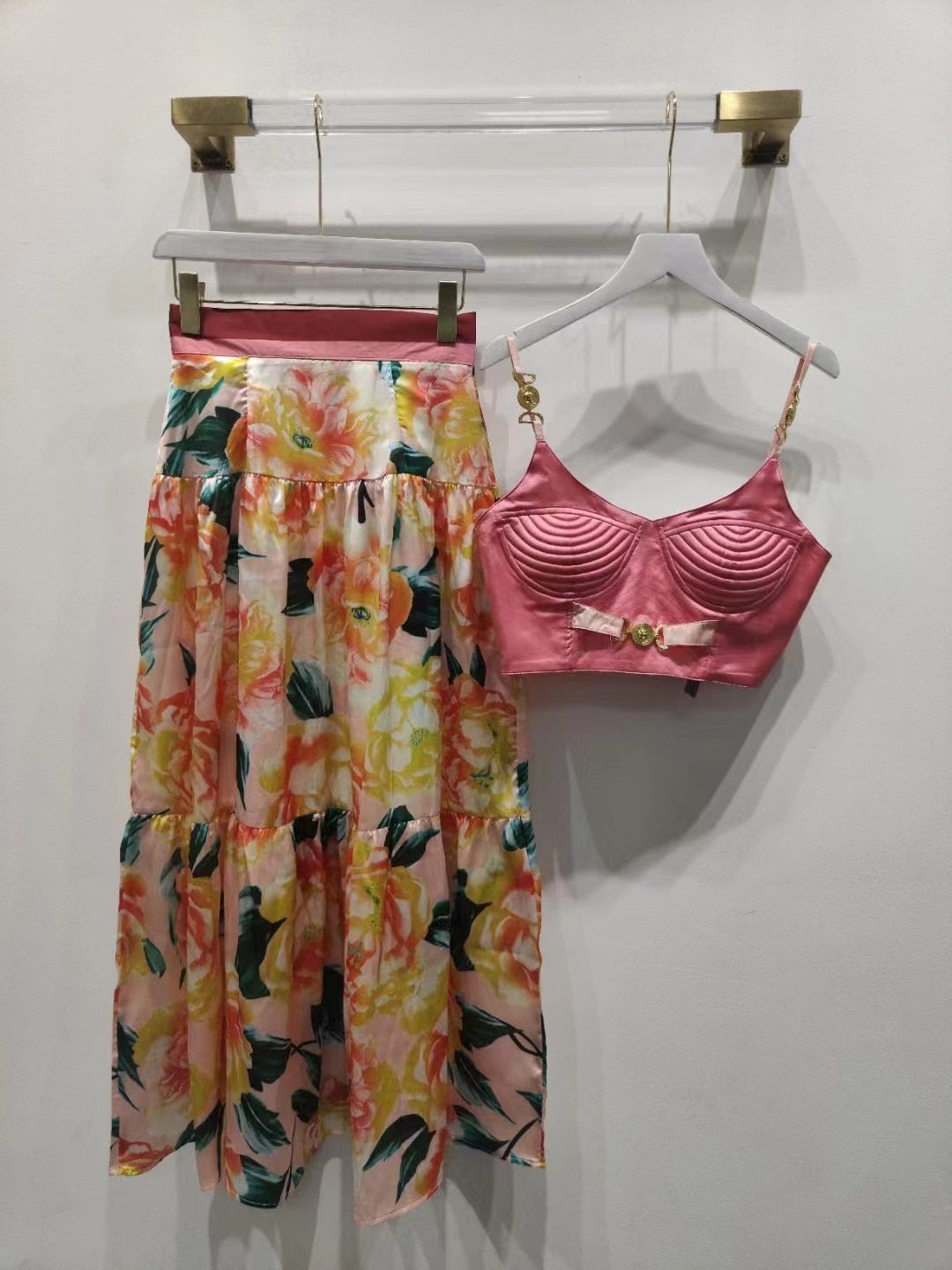 Woman tops satin 3D printing corset sexy women's camisole vest y2k clothes New metal buckle tube top + skirt suit bra 7