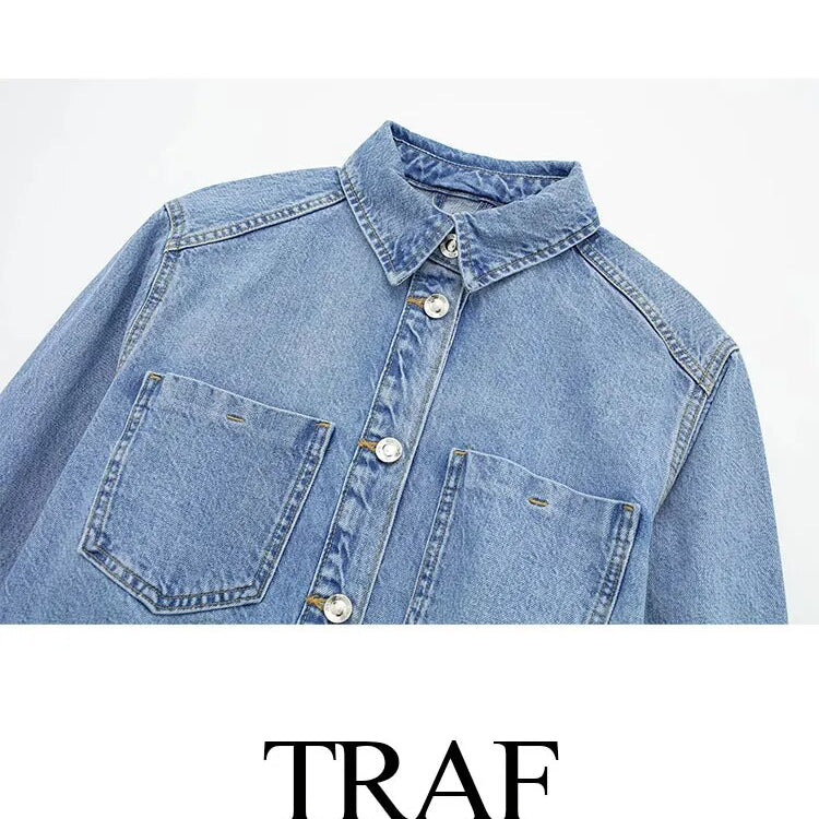 Women Retro Fashion Autumn Loose Long Sleeve Denim Jacket + High Waist Denim Midi Skirts Female 2 Pieces Set Ropa De Mujer