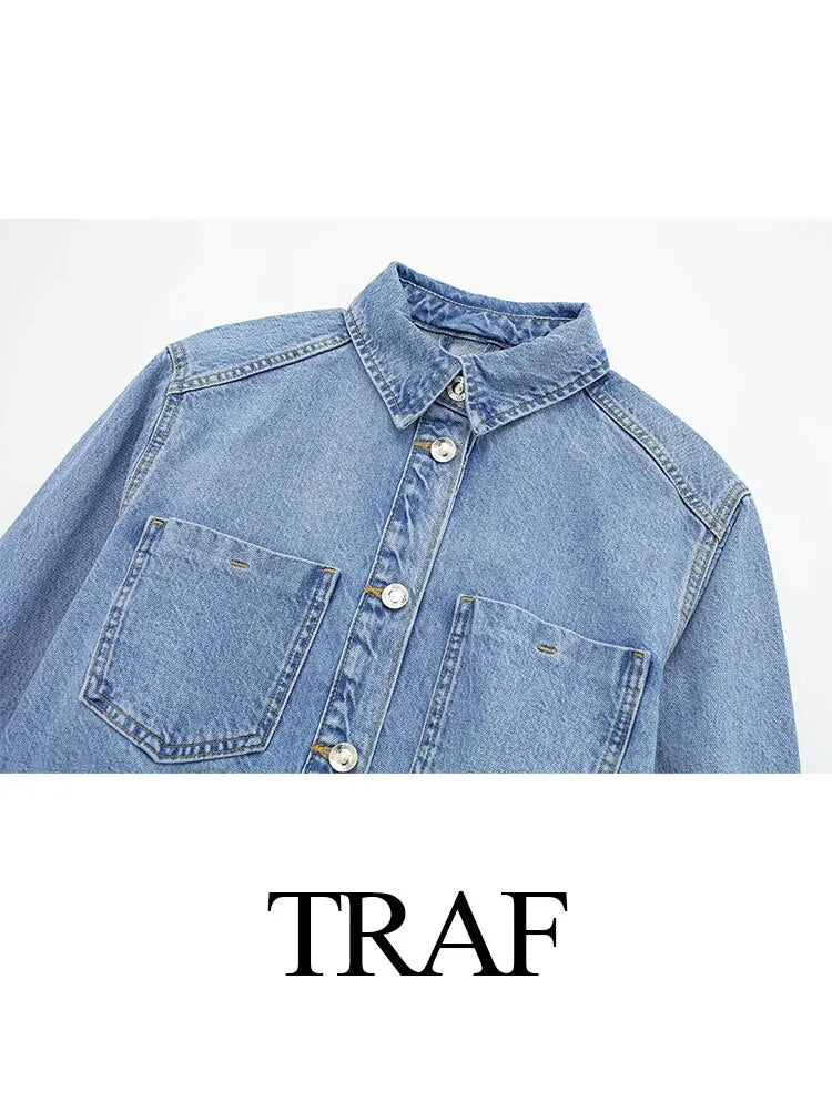 Women Retro Fashion Autumn Loose Long Sleeve Denim Jacket + High Waist Denim Midi Skirts Female 2 Pieces Set Ropa De Mujer