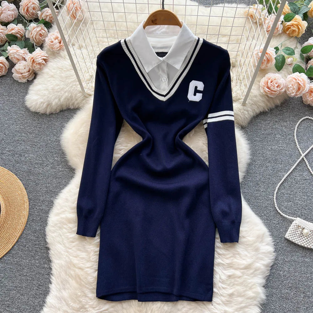 Women Dress Autumn Winter Casual Fake Two Piece Set Long Sleeve Knitted Dress Korean Fashion Mini Dress Vestidos Navy Blue One Size