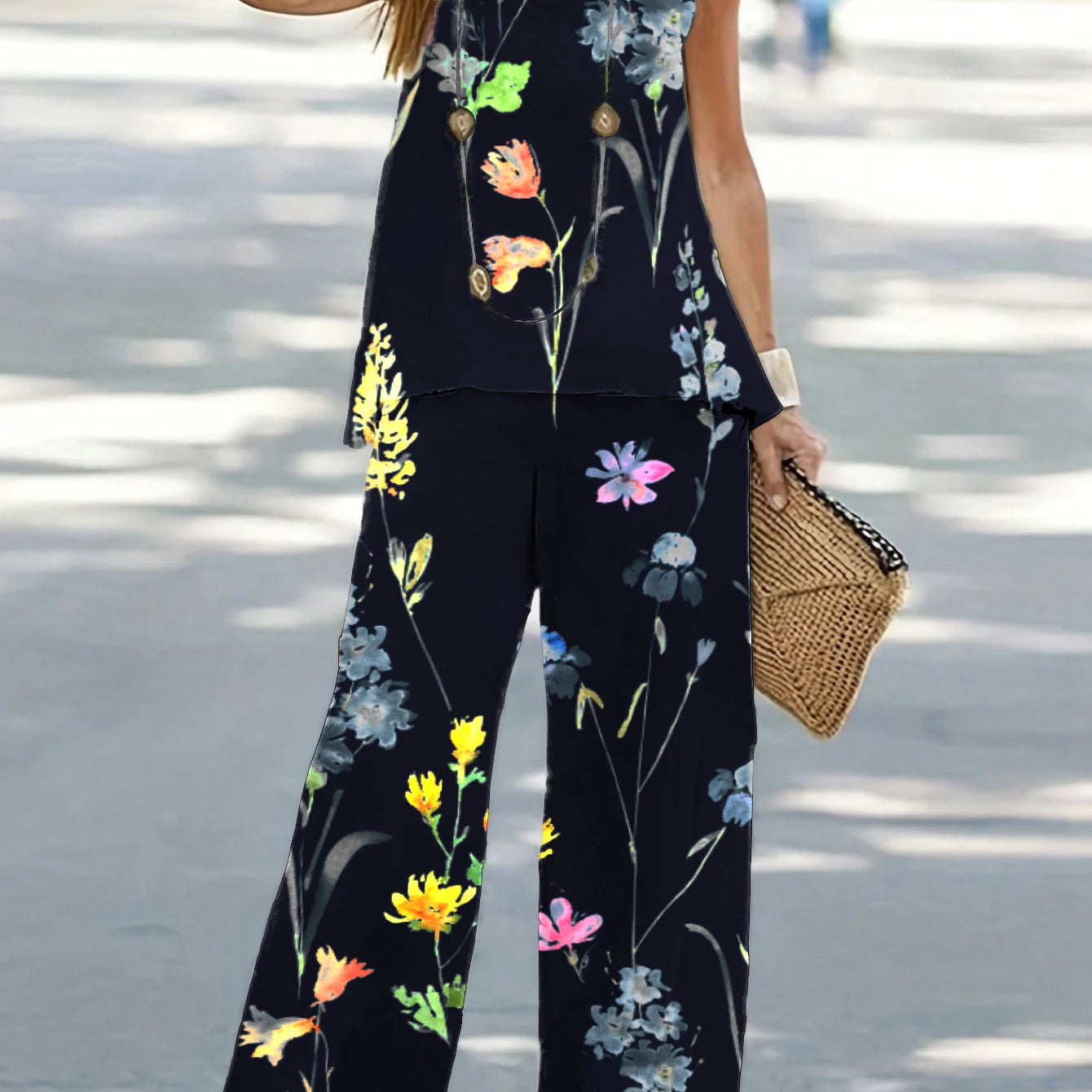1XL-8XL Plus Size Women's Casual Outfits Two Piece Set Solid Round Neck Tank Top Wide Leg Pants Outfits 2 Piece Set MULTI