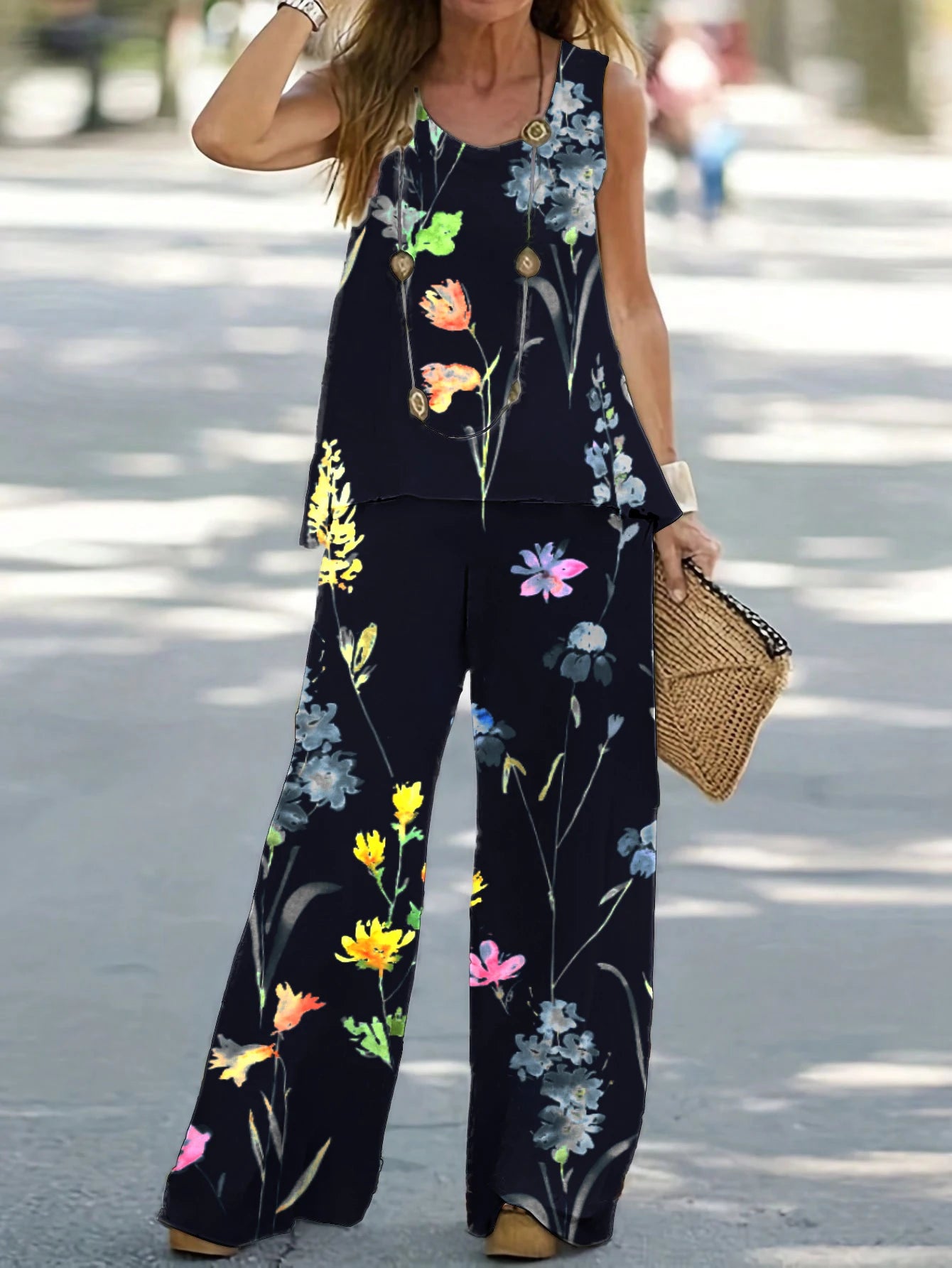 1XL-8XL Plus Size Women's Casual Outfits Two Piece Set Solid Round Neck Tank Top Wide Leg Pants Outfits 2 Piece Set MULTI