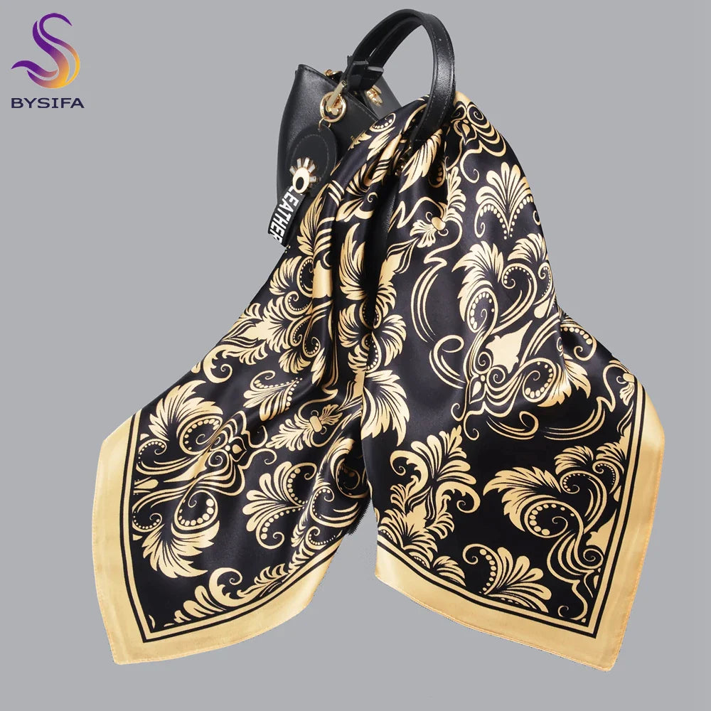 BYSIFA| New Grey Blue Silk Scarf Fashion Floral Design 70cm Square Scarves Fall Winter Neck Scarf Hijab Sweet Headband 65*65cm black gold