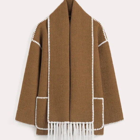 Women Woolen Coats with Tassel Scarf Autumn Winter Long Sleeve Single Breasted Warm Jackets Embroidery Pocket High Street Tops brown
