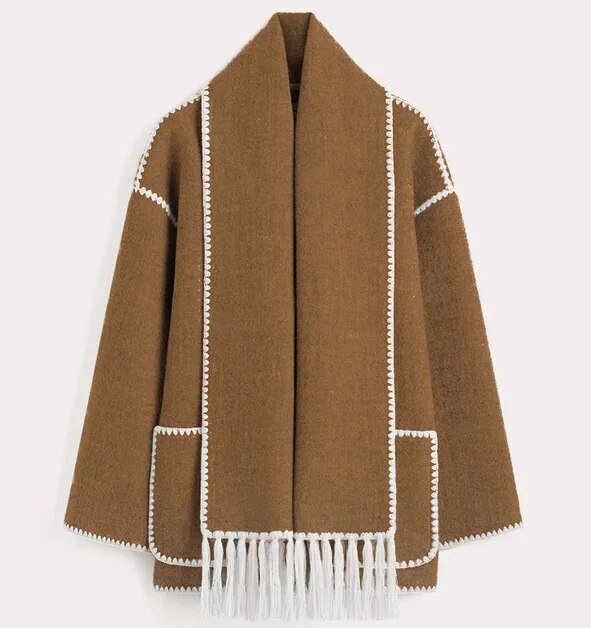 Women Woolen Coats with Tassel Scarf Autumn Winter Long Sleeve Single Breasted Warm Jackets Embroidery Pocket High Street Tops brown
