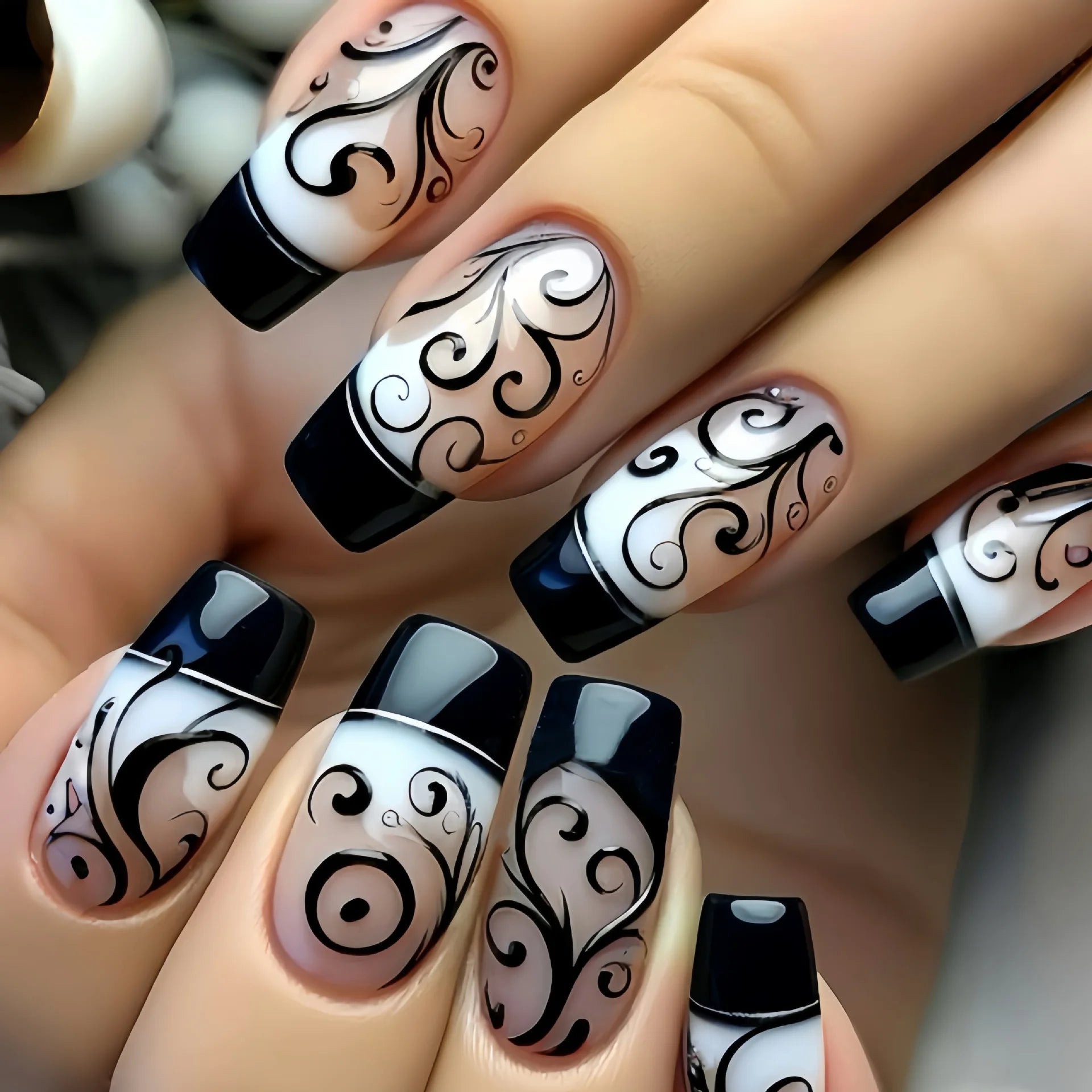 Short middle square ballet fake nails sparkling plant flowers maple leaves gradient Peacock feathers press on false nails set 1682