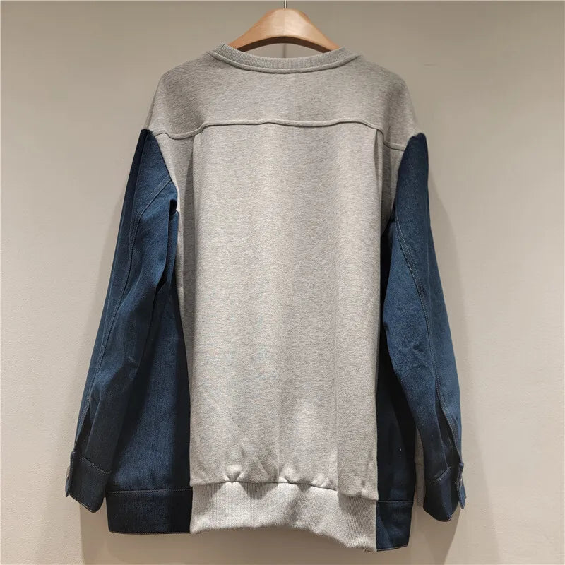 Autumn Winter New Fashion Denim Patchwork Round Neck Long Sleeve T-Shirt For Women Loose Casual Sweatshirt 11A07719