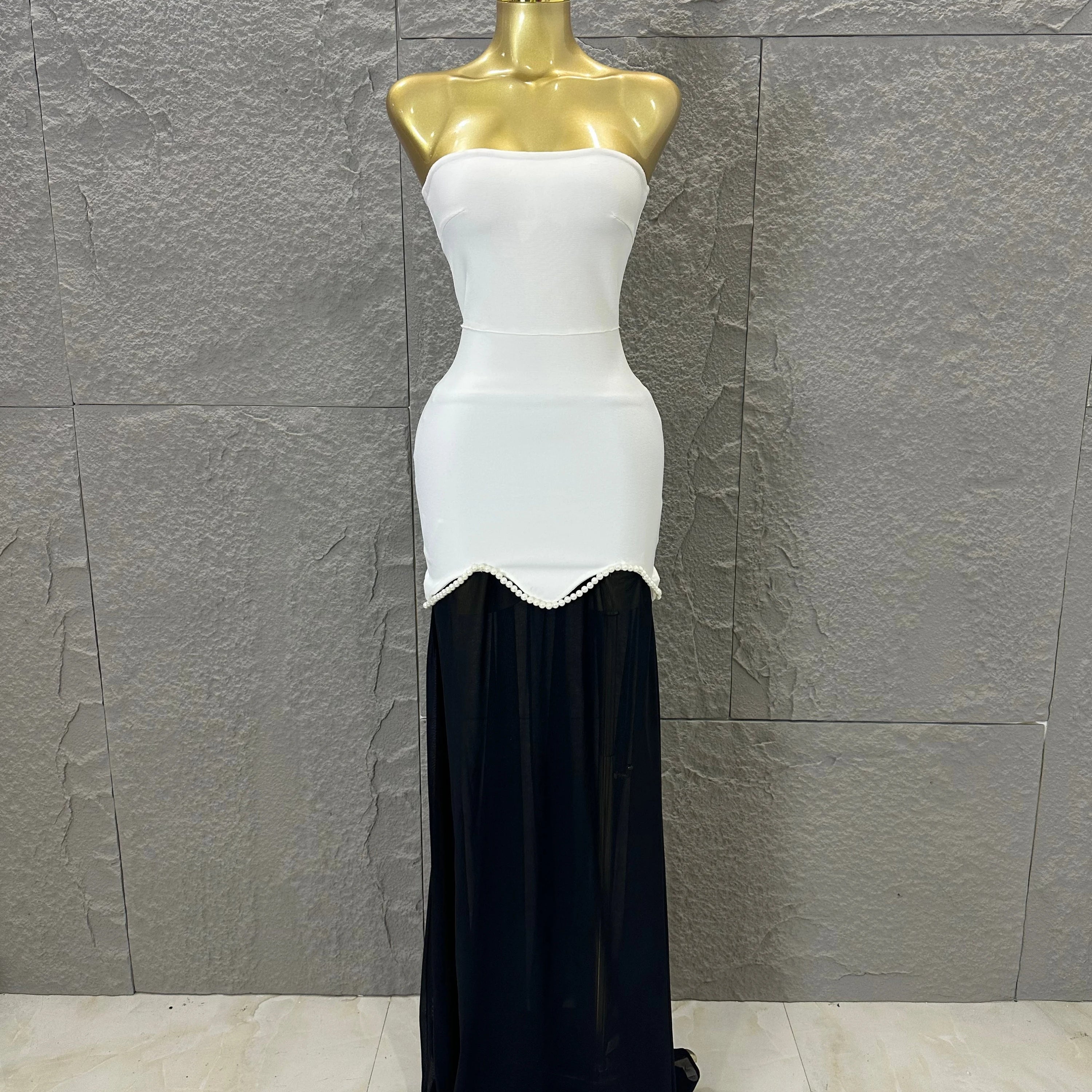 Sexy Black White Maxi Dress Women Sexy Strapless Pearl Embellished Sheer Tulle Bodycon Outfit Formal Event Evening Party Costume