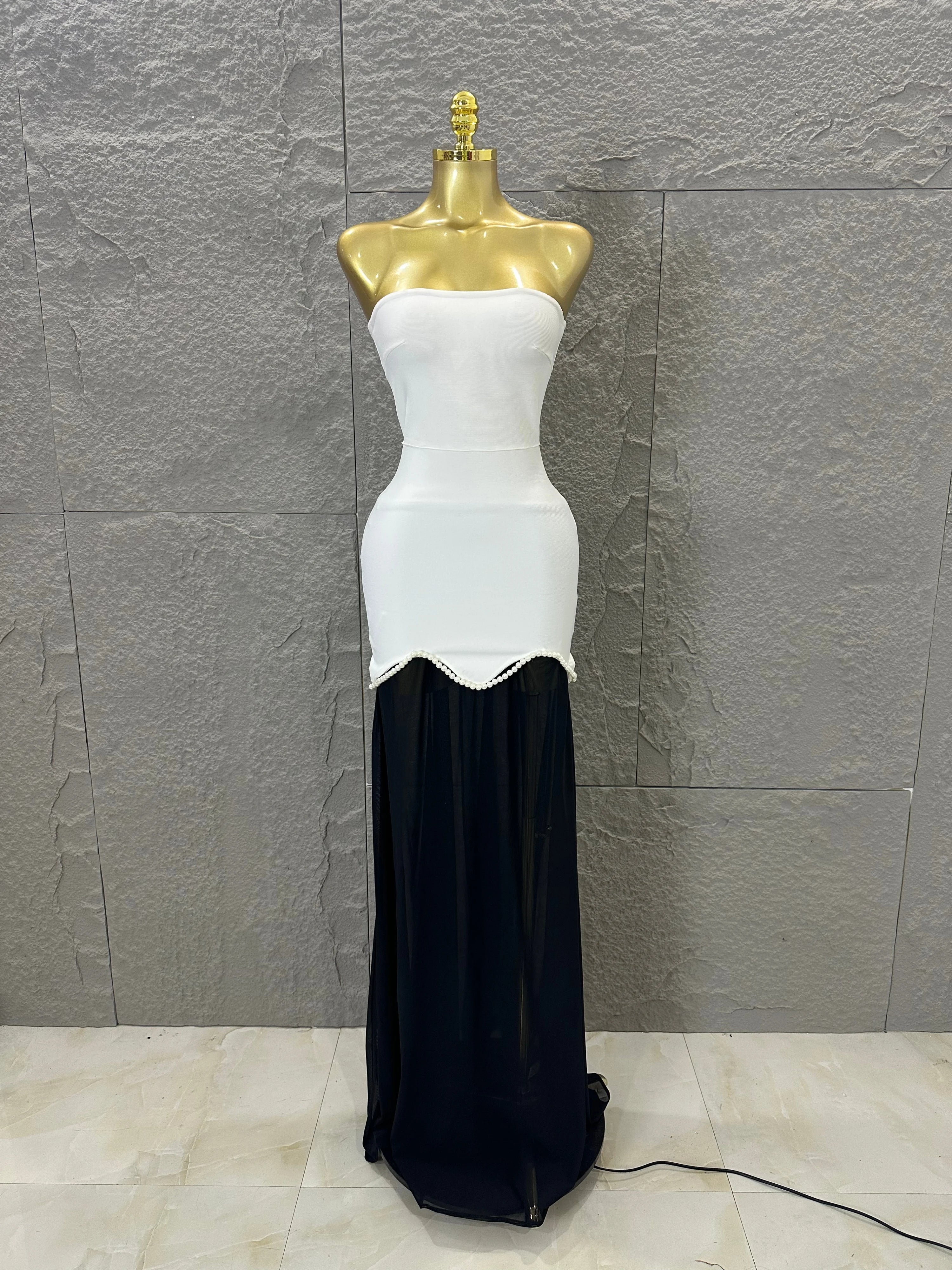 Sexy Black White Maxi Dress Women Sexy Strapless Pearl Embellished Sheer Tulle Bodycon Outfit Formal Event Evening Party Costume