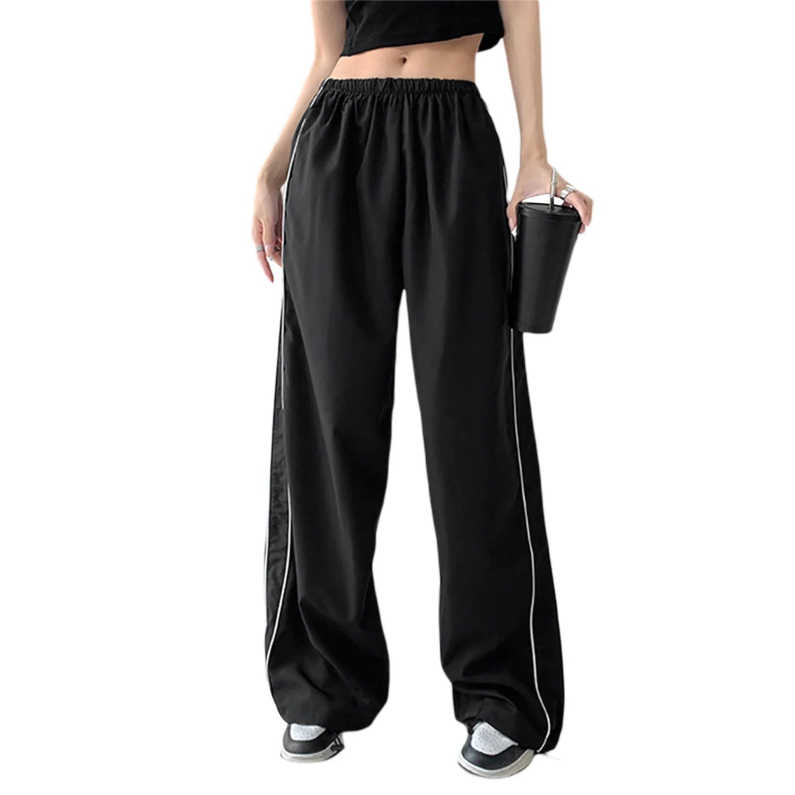 Women s Y2k Elastic Waist Cargo Pants Loose Solid Color Joggers Workout Pants with Pockets Streetwear black