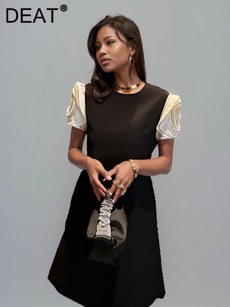 DEAT Fashion New Items Women's Spliced 3D Flower Sleeveless Dress Spring Trendy Round Neck Zipper Dresses Female 11XX8946