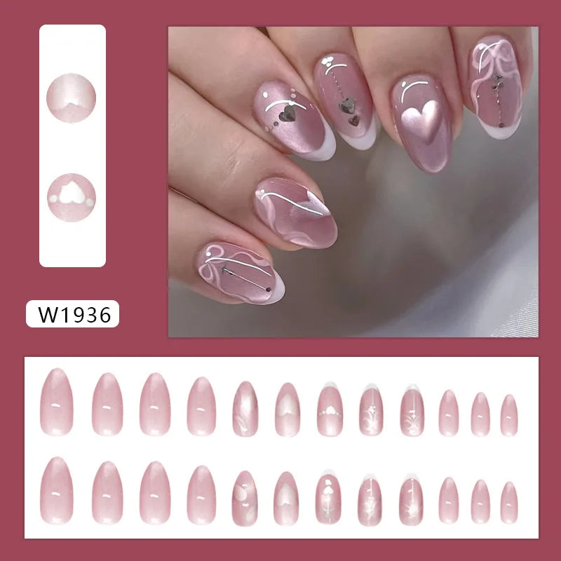 24pcs Y2k Love False Nails Sweet Cool Blue Blush Butterfly Print Fake Nails Tips Wearable Detachable Almond Press on Nails 2