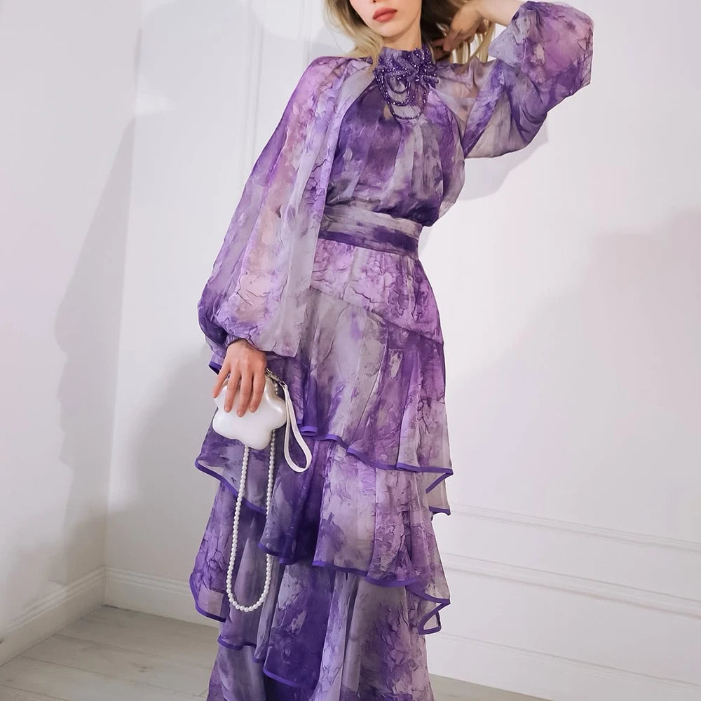 Hit Color Sheer Spliced 3D Flower Dresses for Women Round Neck Long Sleeves Patchwork Ruffles Folds Dress Female