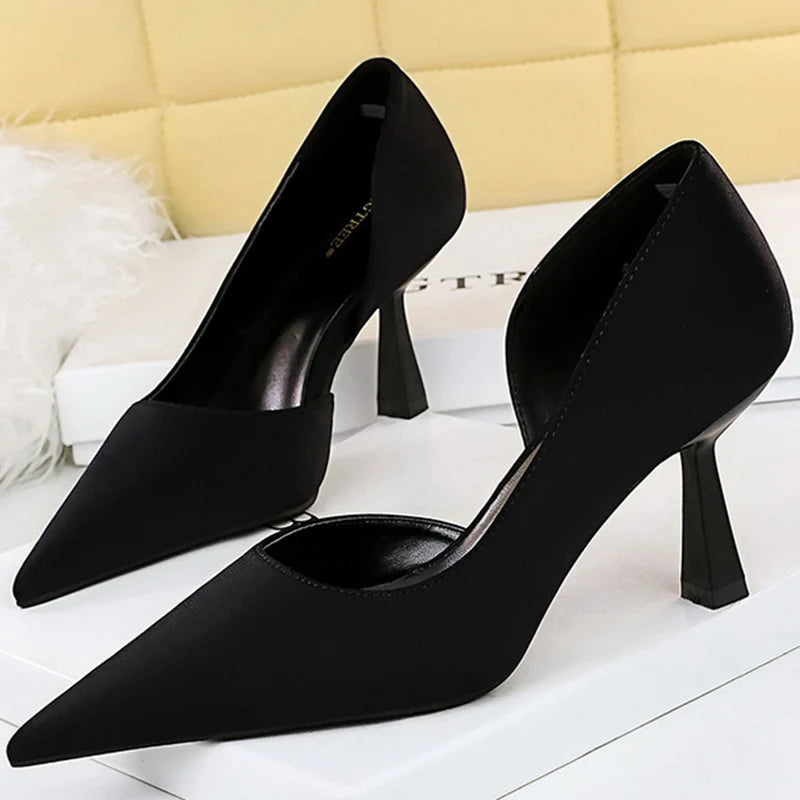Women 7cm High Heels Green Purple Red Pumps Small Size 34-40 Stripper Evening Silk Escarpins Lady Wedding Bridal Scarpins Shoes Black