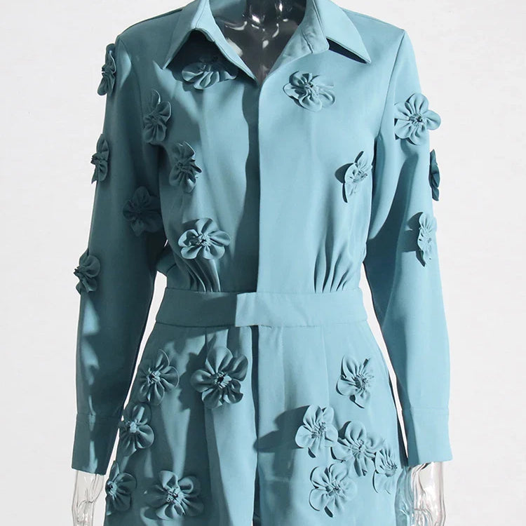 CHICEVER Spliced Appliques Solid Jumpsuits For Women Laple Long Sleeve High Waist Folds Patchwork Pockets Loose Jumpsuit Female Blue