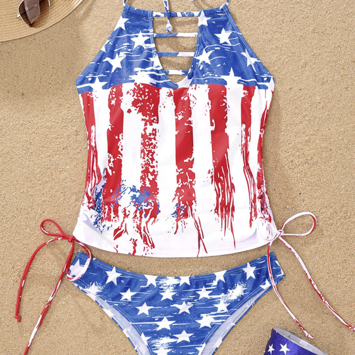 Sexy Women American Flag Hollow Out Drawstring Halter Tankini Set Brazilian Swimsuit 2024 New Bra Two Piece Swimwear Beachwear