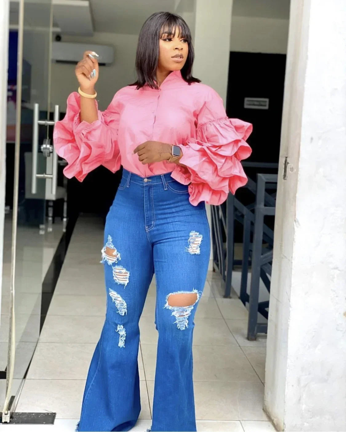 Women Shirts Solid Full Ruffles Sleeve Turn-down Collar Single Breasted Loose Shirts Office Lady Streetwear Summer Tops Pink