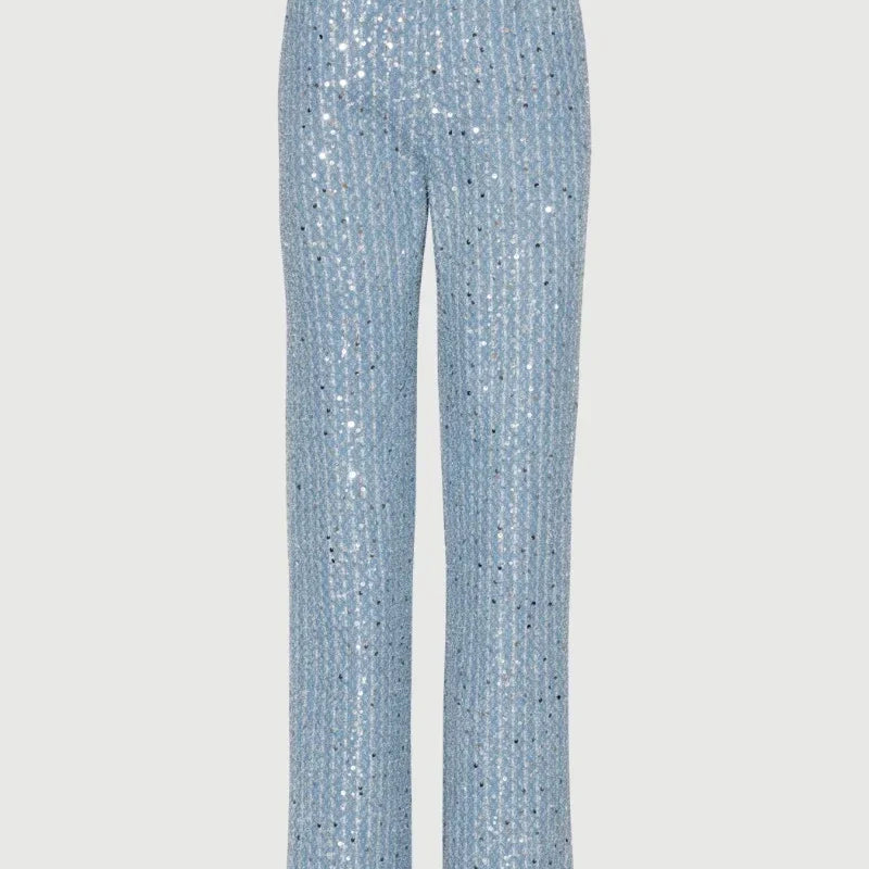 Feilandy Sexy Sequins Strapless Tanks Loose Pants Sets Women's Fashion 2 Piece Skirts Sets Female Luxury Party Club Chic Outfits blue pants