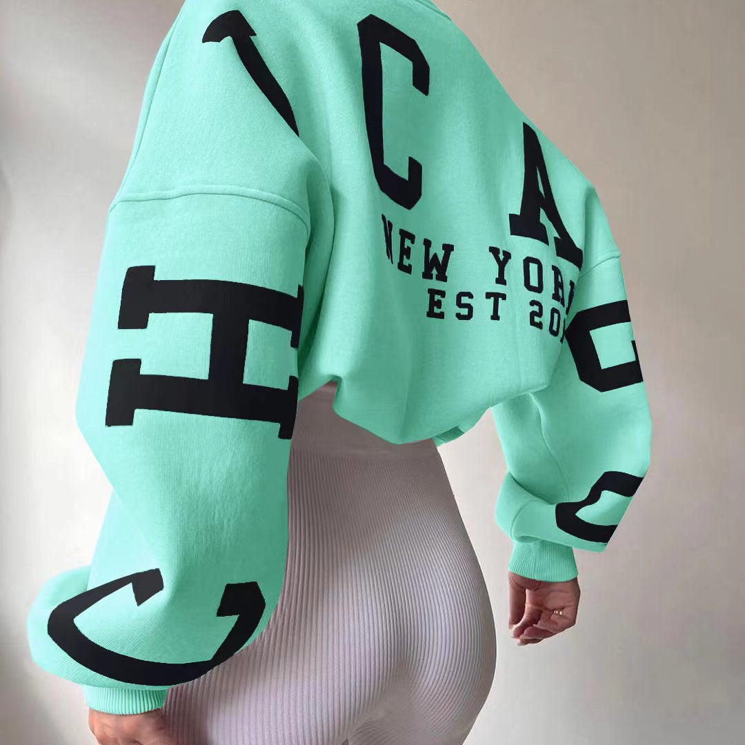 Women Casual Sweatshirts Fashion Letters Print O Neck Long Sleeve Pullovers Tops Vintage Loose Autumn Y2k Hoodies Streetwear Light green