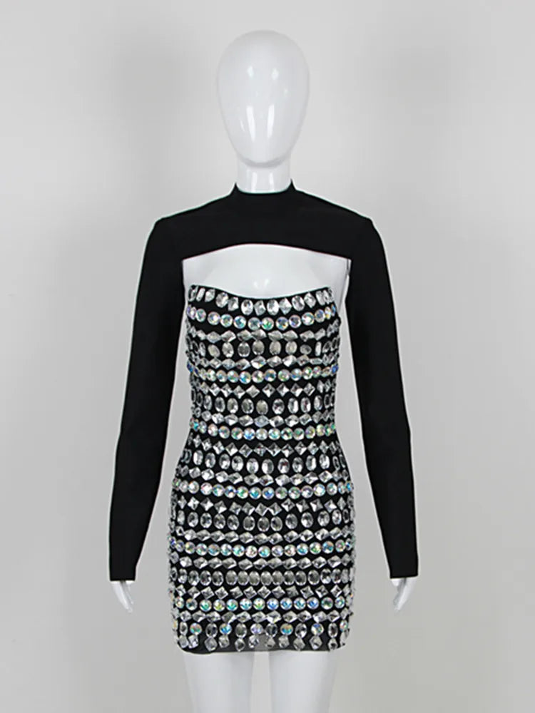 Women Celebrity Sexy Turtleneck Beading Rhinestone Black Mini Bodycon Bandage Dress 2023 Elegant Evening Club Party Dress