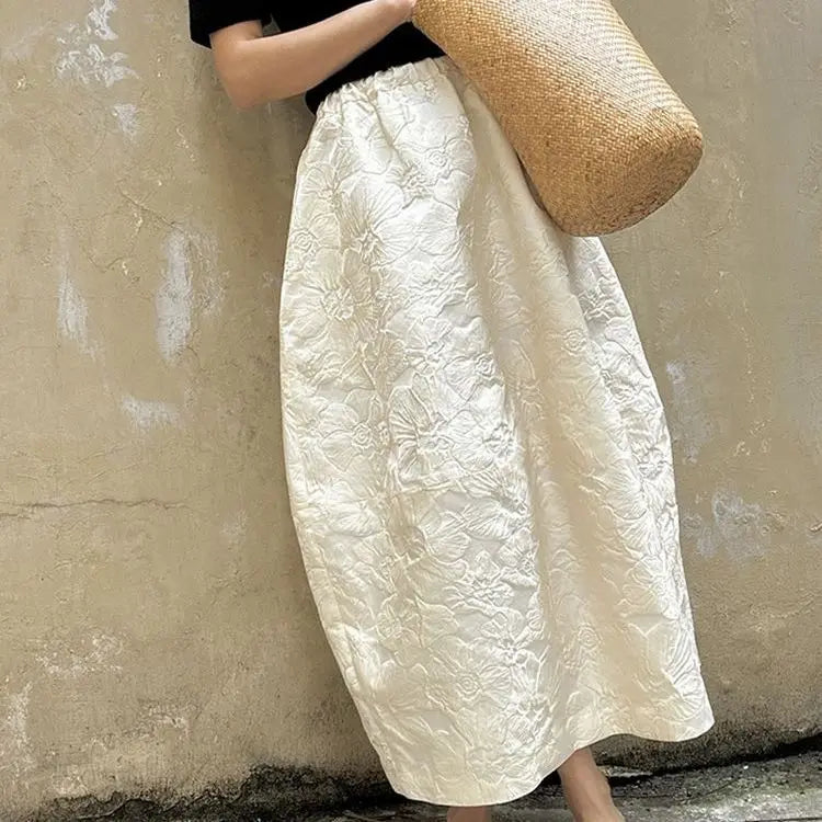Spring/summer Arts Style Women Casual Loose Fit Elastic Waist A-line Jacquard Design Ankle-length Skirt P02 Beige