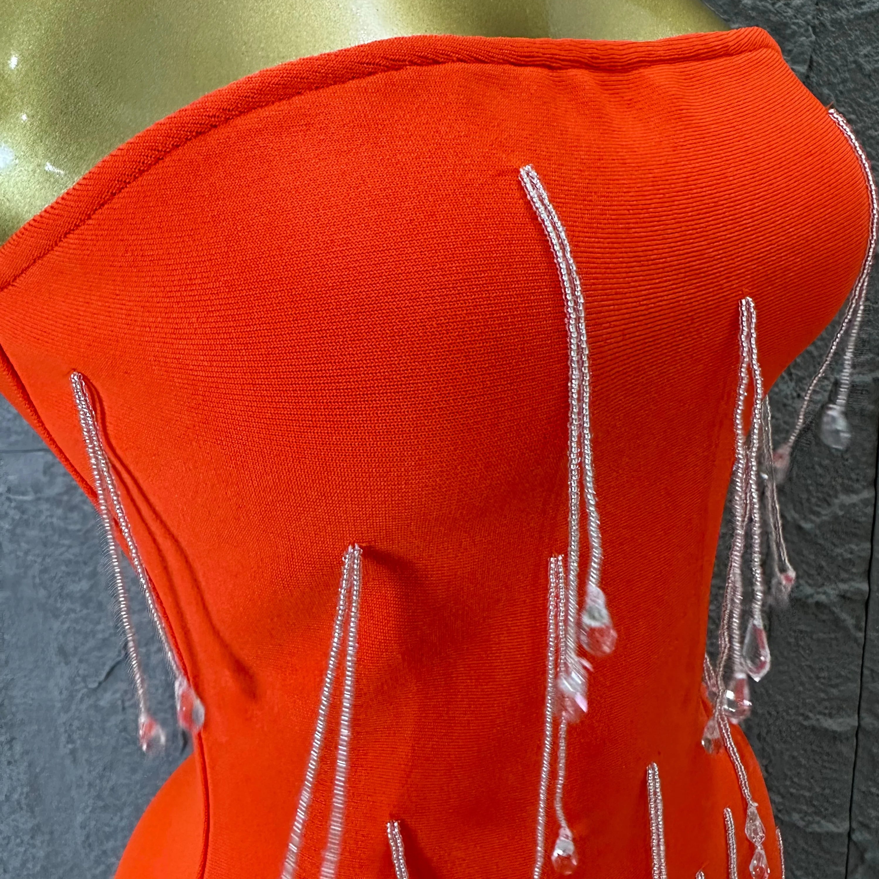 Elegant Orange Crystal Tassel Midi Dress Women Sexy Strapless Rhinestone Fringe Bodycon Slim-fit Outfit Evening Gala Costume