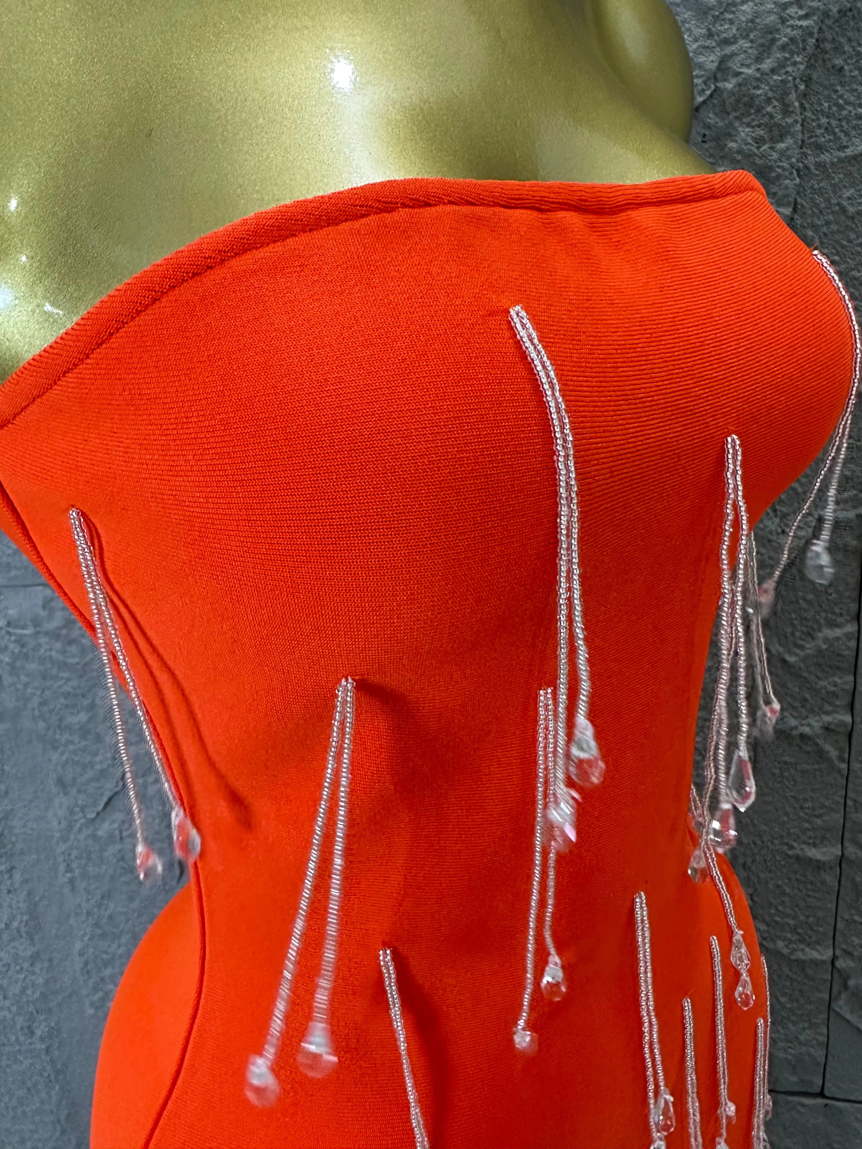 Elegant Orange Crystal Tassel Midi Dress Women Sexy Strapless Rhinestone Fringe Bodycon Slim-fit Outfit Evening Gala Costume