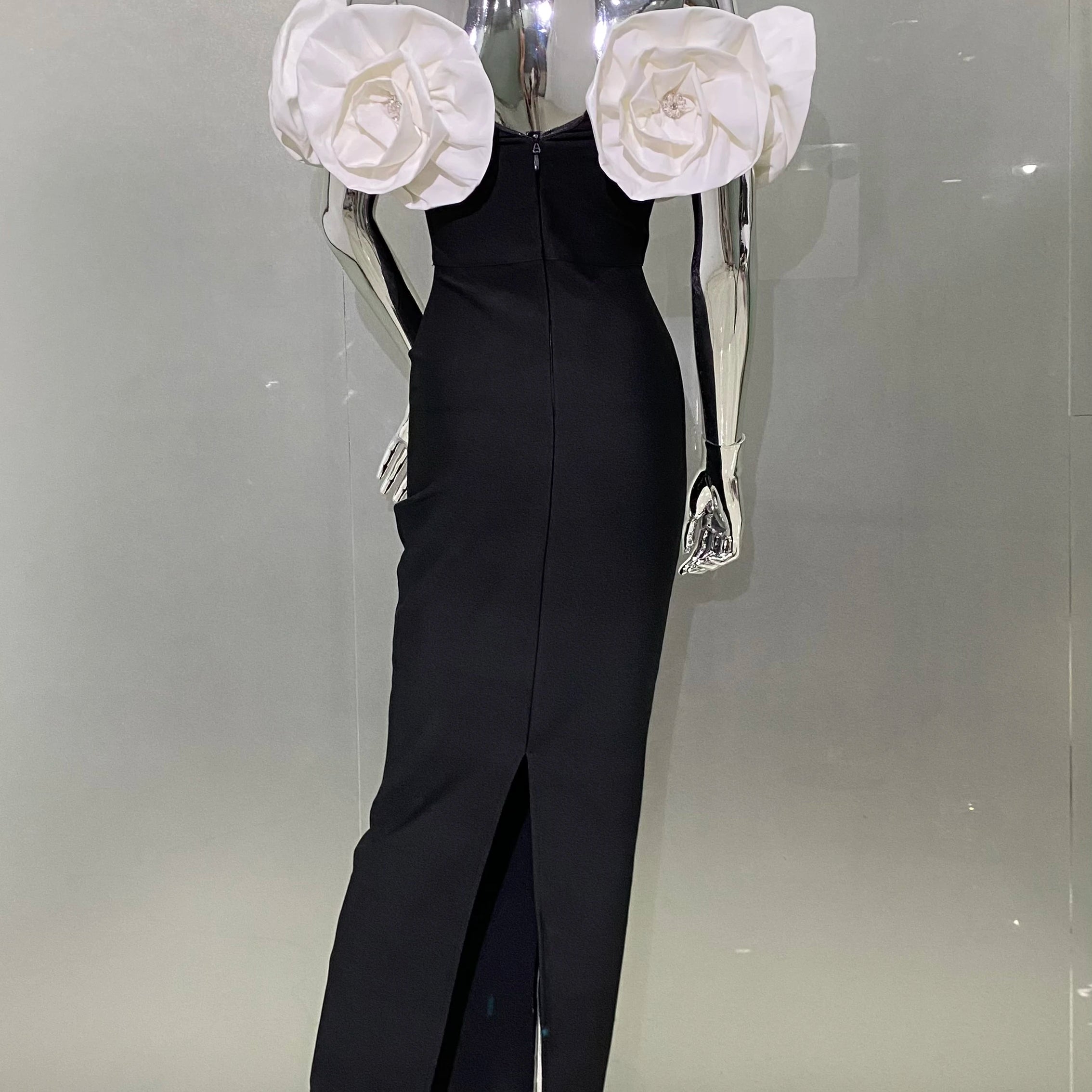 Fashion Big White Flowers Women Sexy Off the Shoulder Bodycon Long Bandage Dress Celebrate Evening Party Birthday Dress