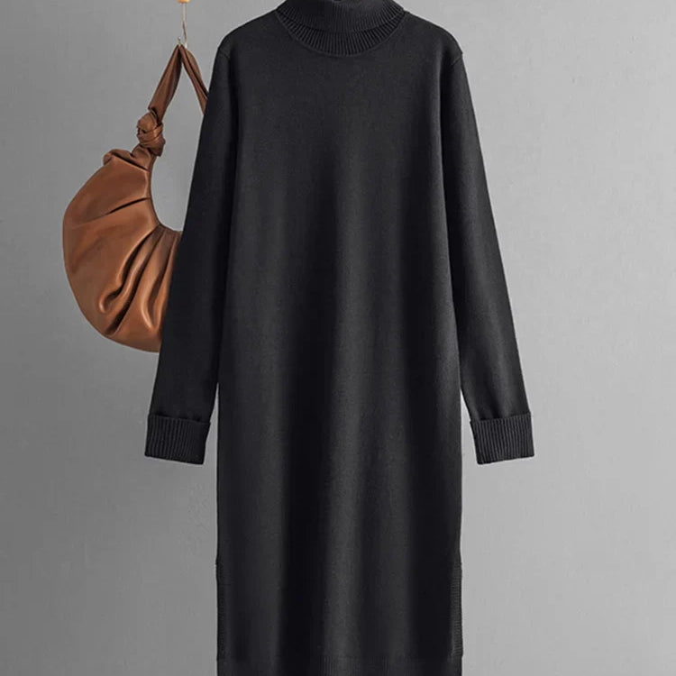 Streamgirl Autumn Turtleneck Slit Dresses For Women Winter Solid Casual Straight Basic Knitted Sweaters Dress Women Elegant Black One Size