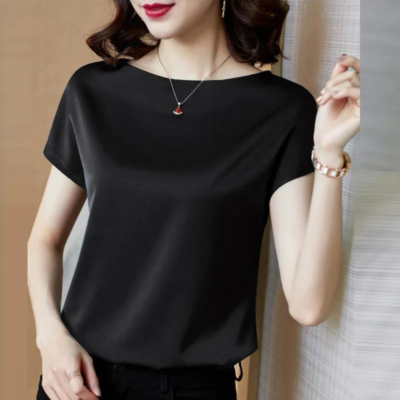 ZANZEA Summer Fashion Blouse Elegant Short Sleeve Satin Shirt Women Stylish OL Work Shirt Female Party Blusas Tunic Chemise black