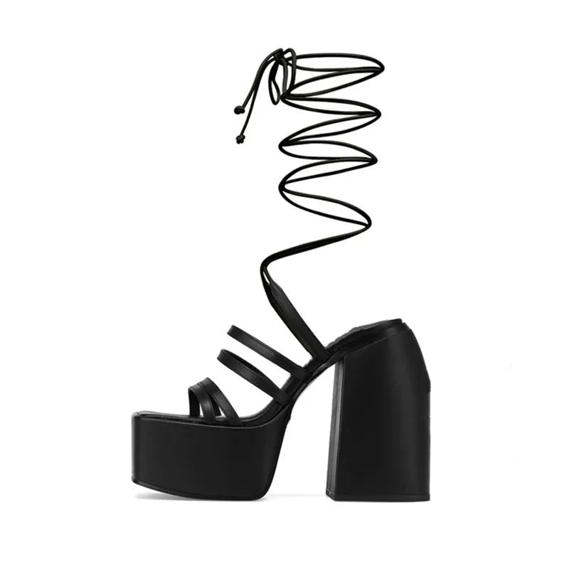 Women's Fashionable Heeled Sandals Summer Shoes Featuring Colorful Thick-soled Spiral High Heels Platform Multi Strappy Shoe New black