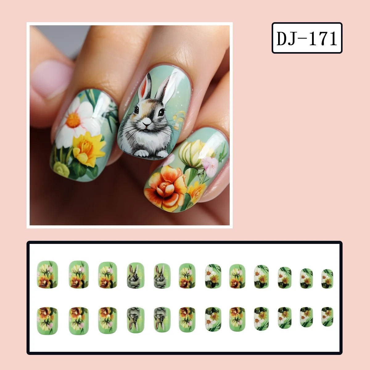 24pcs Easter Cute Rabbit Press On Nails Spring Daisy Flower Design Fake Nail Tips for Girl Women Wearable Short Cute False Nails style 4