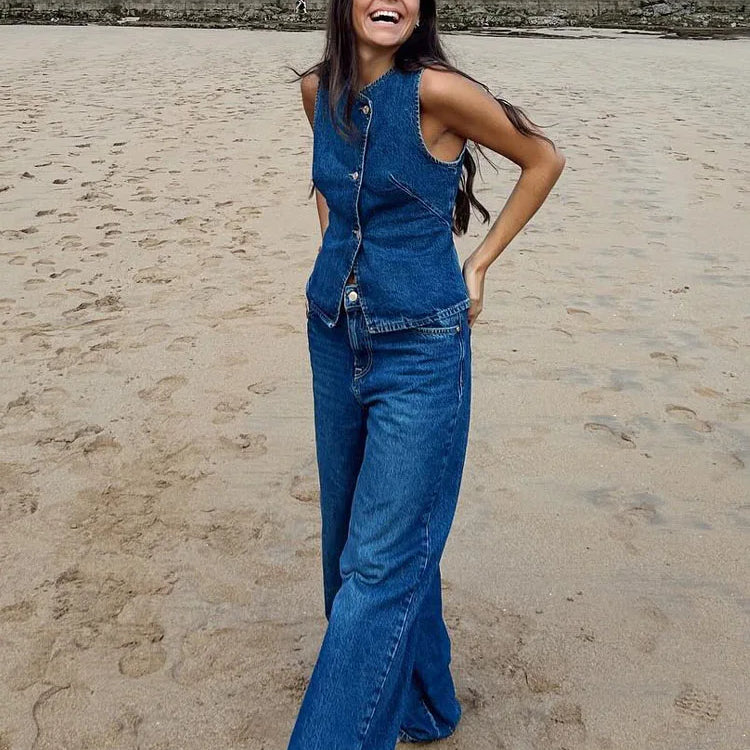 TRAFZA Summer Denim Trousers Set For Women Sleeveless Cropped Vest Top + Wild Basic Women's Wide Leg Long Pant Trendy