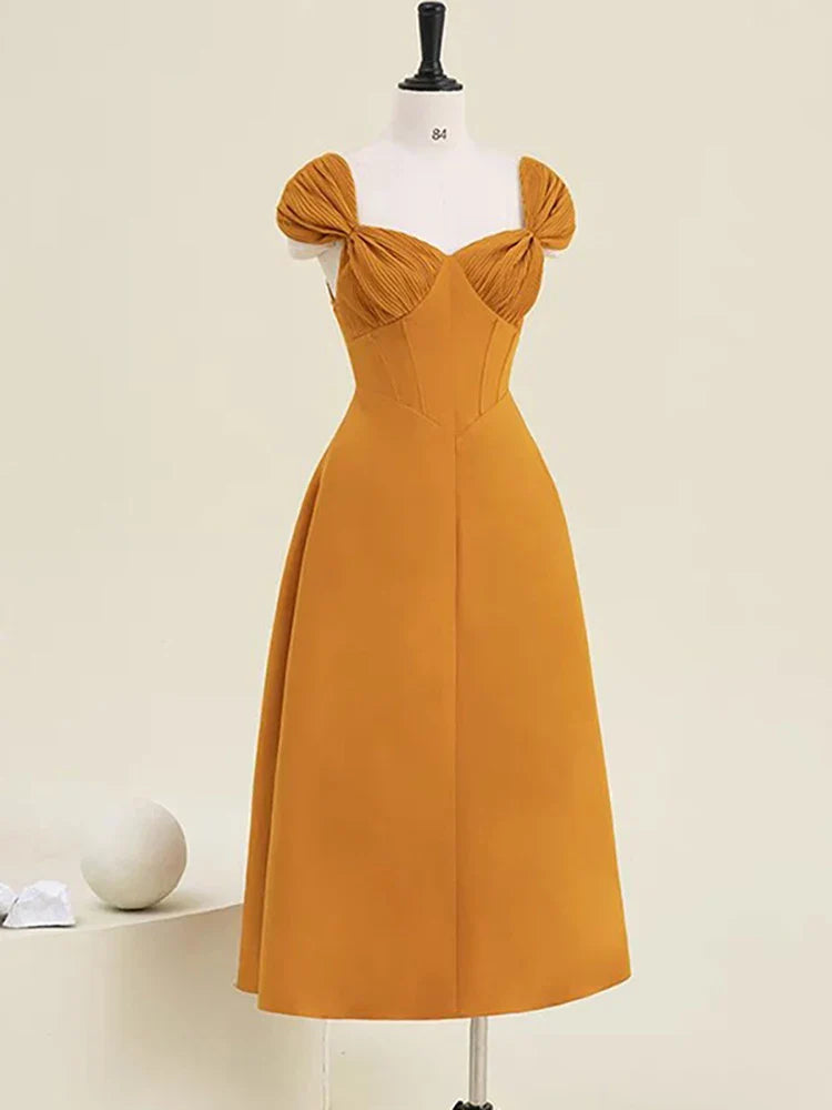 DEAT Women's Dress Bowkont Square Collar Pleated Sleeveless Waist Backless Casual Dresses Spring New Fashion 13DB3266 Orange