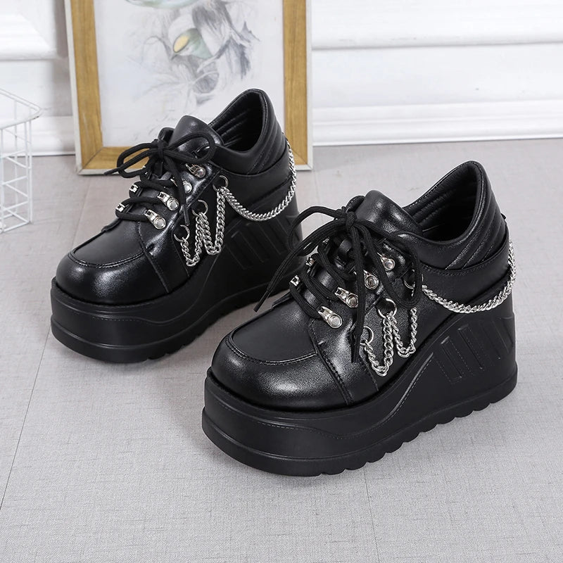 Women Pumps Metal Decoration Platform Flat Heel Female Shoes Ladies Wedge Lolita Gothic Harajuku Punk Footwear black