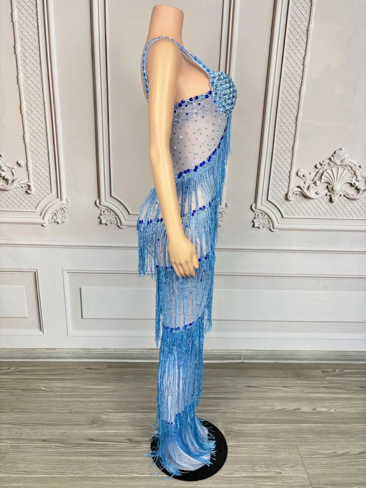 Sparkly Rhinestones Tassel Slip Long Dress Sexy Women Celebrate Prom Sheer Mesh Evening Dress Birthday Photo Shoot Wear lantian