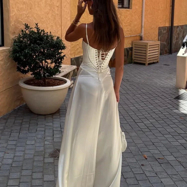 Elegant Solid Satin Ruffles Sling Long Dress Lady Sexy Square Collar Backless Sleeveless Lace Up Robes Chic Women Party Dresses