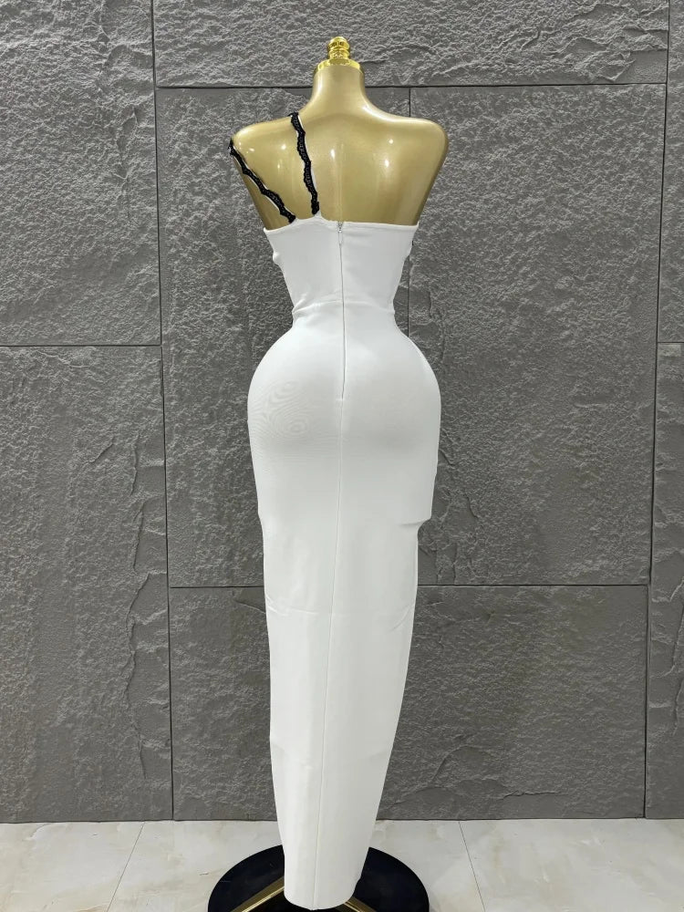 Top Women Sexy One Shoulder Black Lace Bodycon Long Bandage Dress Fashion Celebrate Evening Party Birthday Outfit