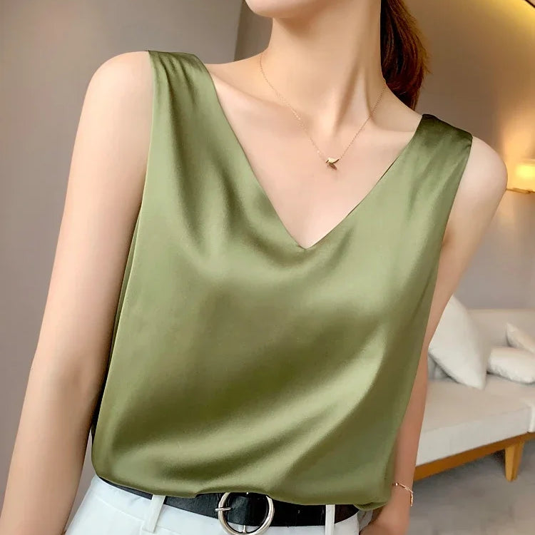 Ice Silk Camisole Women's V-neck Tops White Satin Camis Mulberry Summer Ladies' Crop Top Women Solid Blouse Vest Avocado