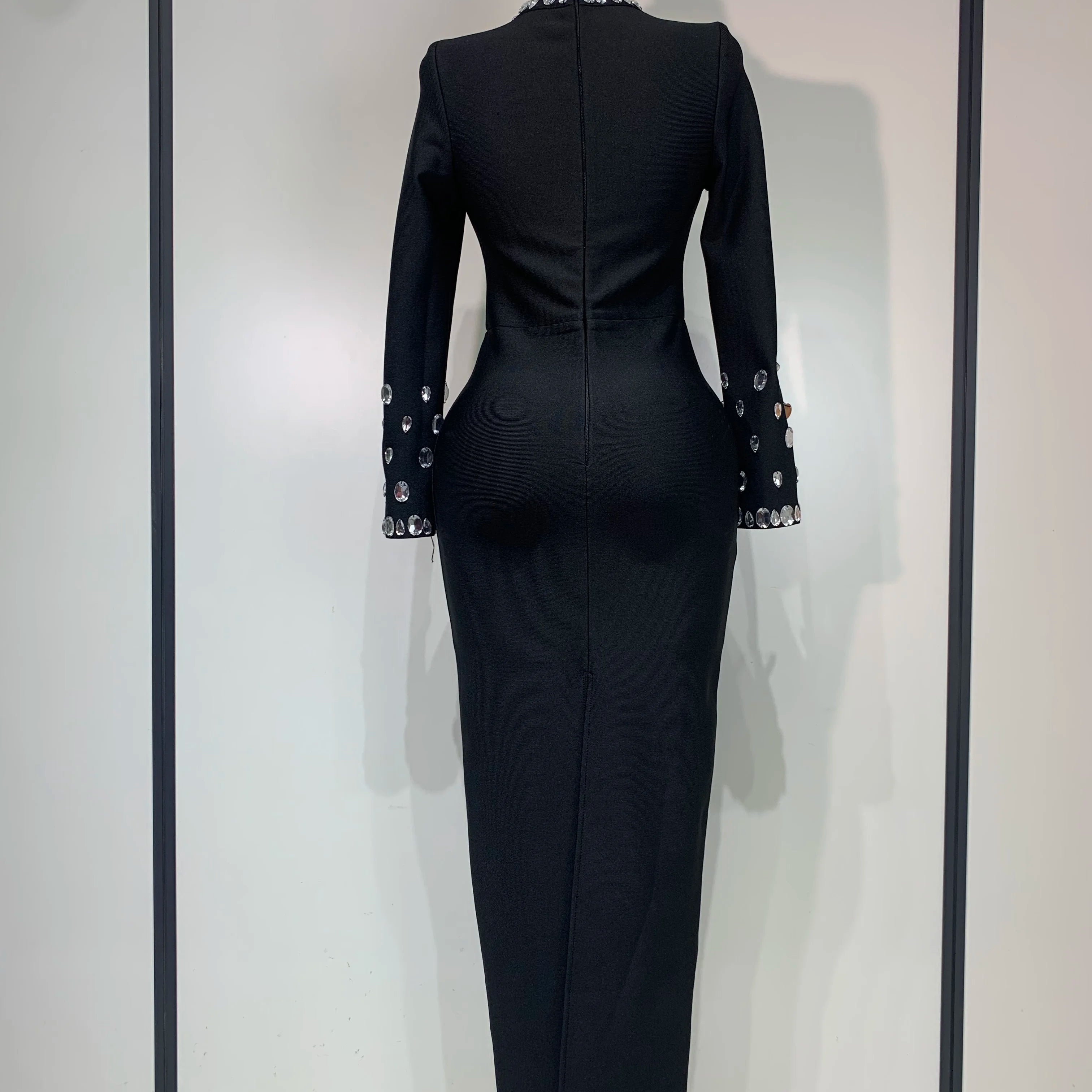 Luxury Birthday Dresses Sparkly Diamond Long Sleeve Black Bodycon Bandage Dress Women Wedding Evening Club Party Prom Gowns